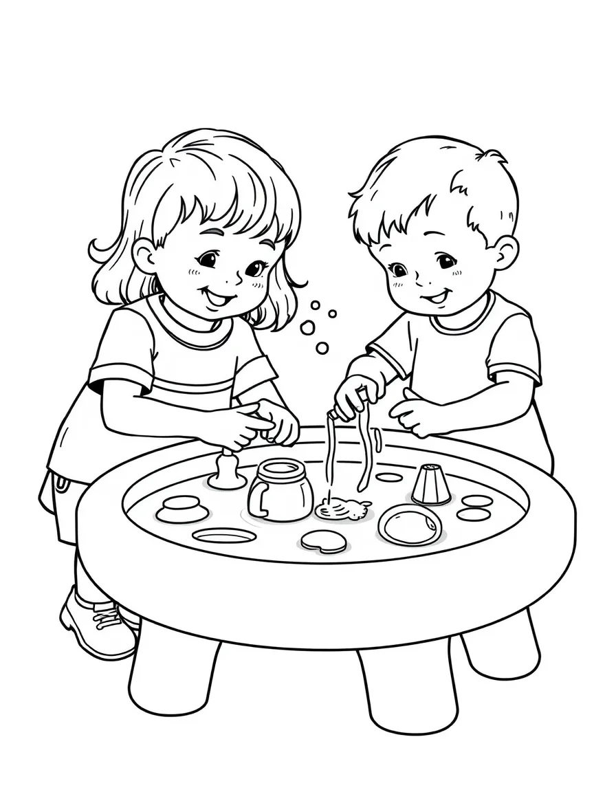 Children playing with water table toys.