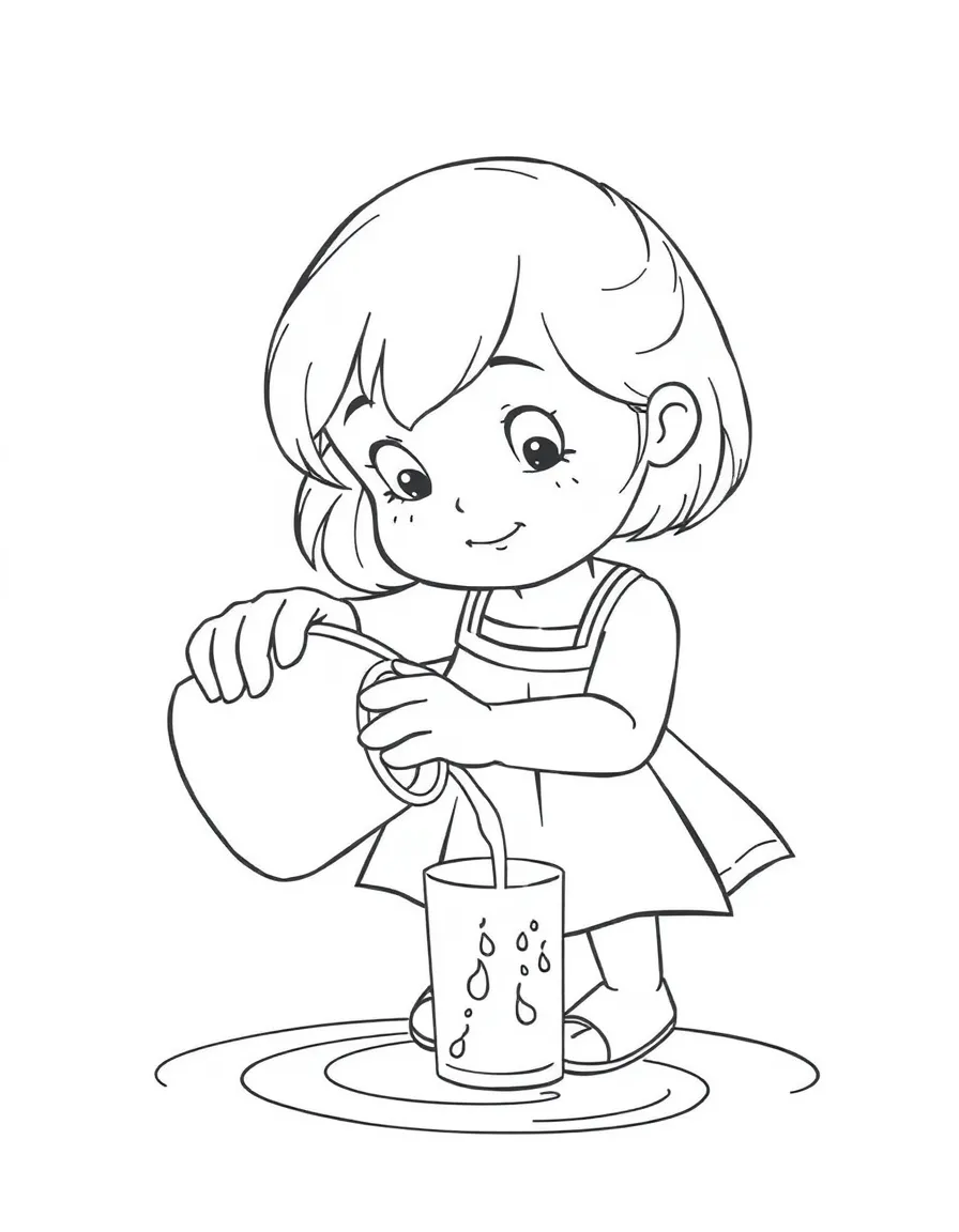 A little girl pouring water from a cup.