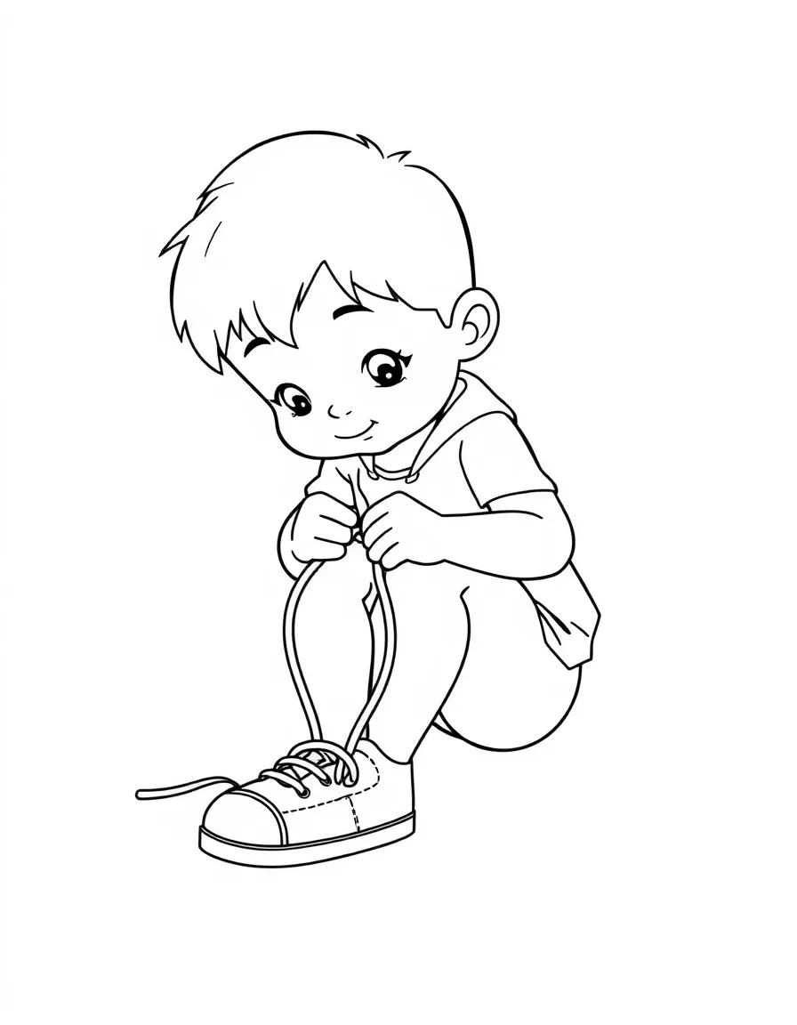 A child tying a shoelace.