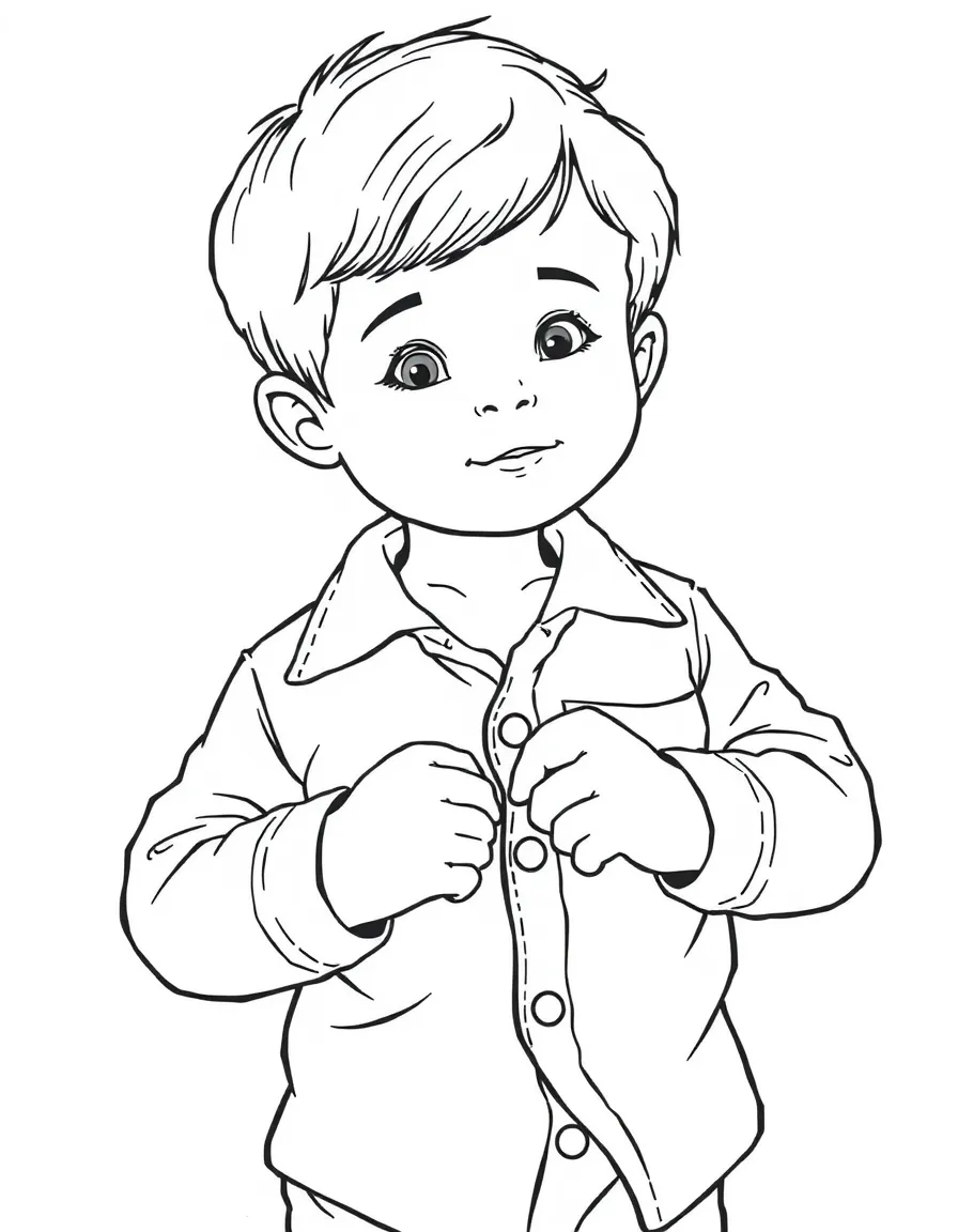 A child buttoning a shirt.