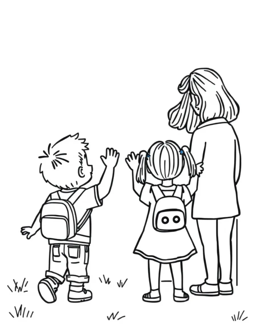 Children waving goodbye to their parents.