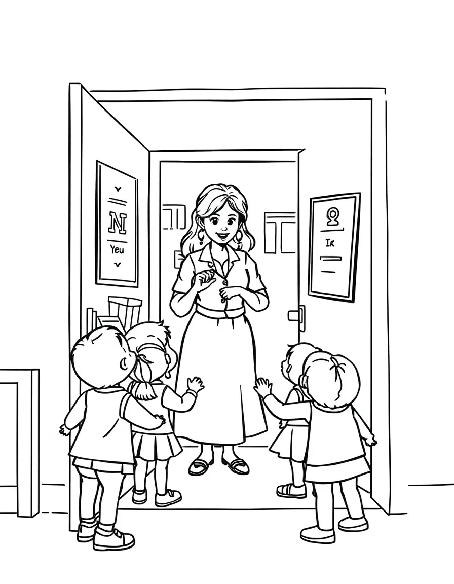 A teacher greeting children at the classroom door.