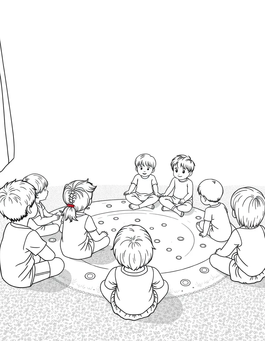 Children sitting on the carpet for circle time.