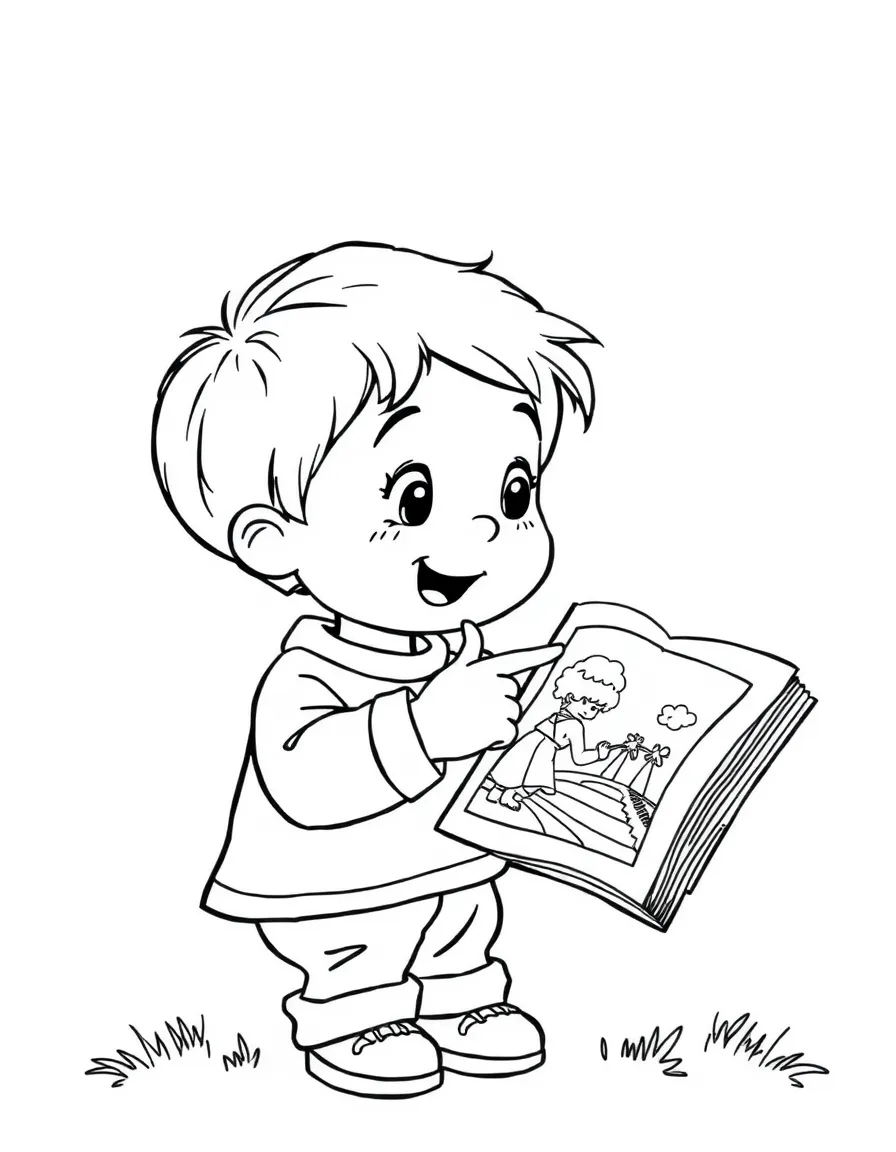 A child pointing to a picture in a book.