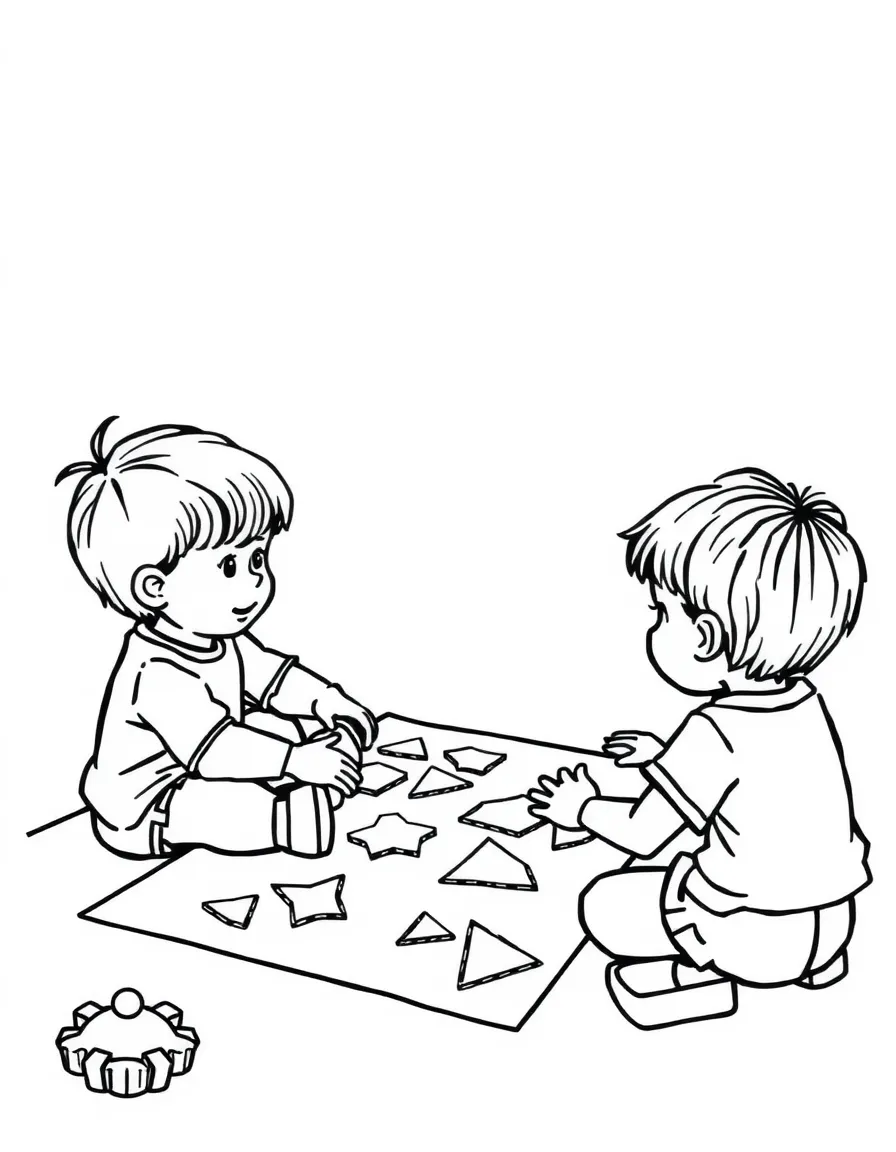 Children gluing shapes onto paper.