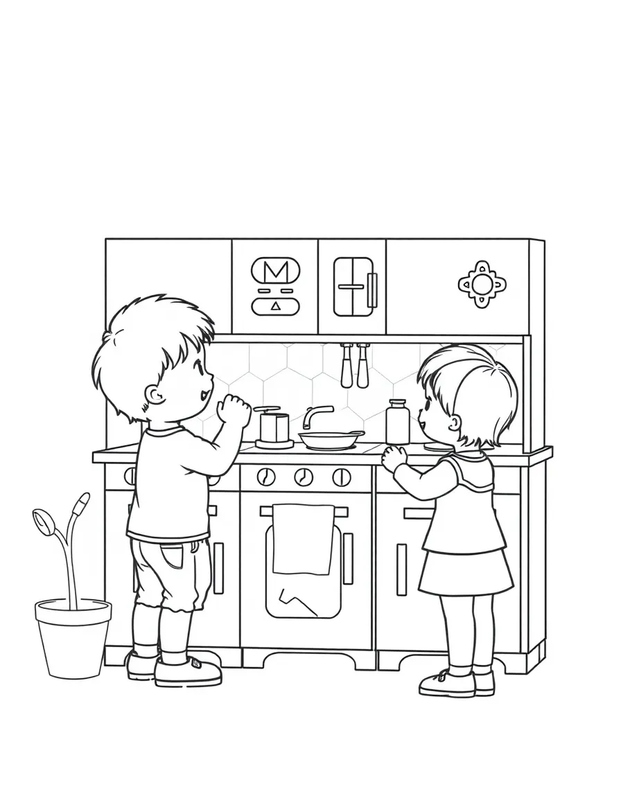 Children playing with a toy kitchen.