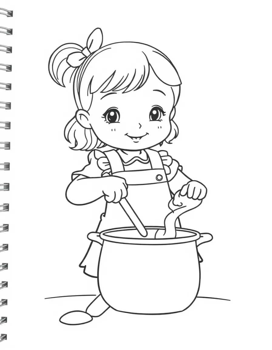 A little girl stirring a pot.
