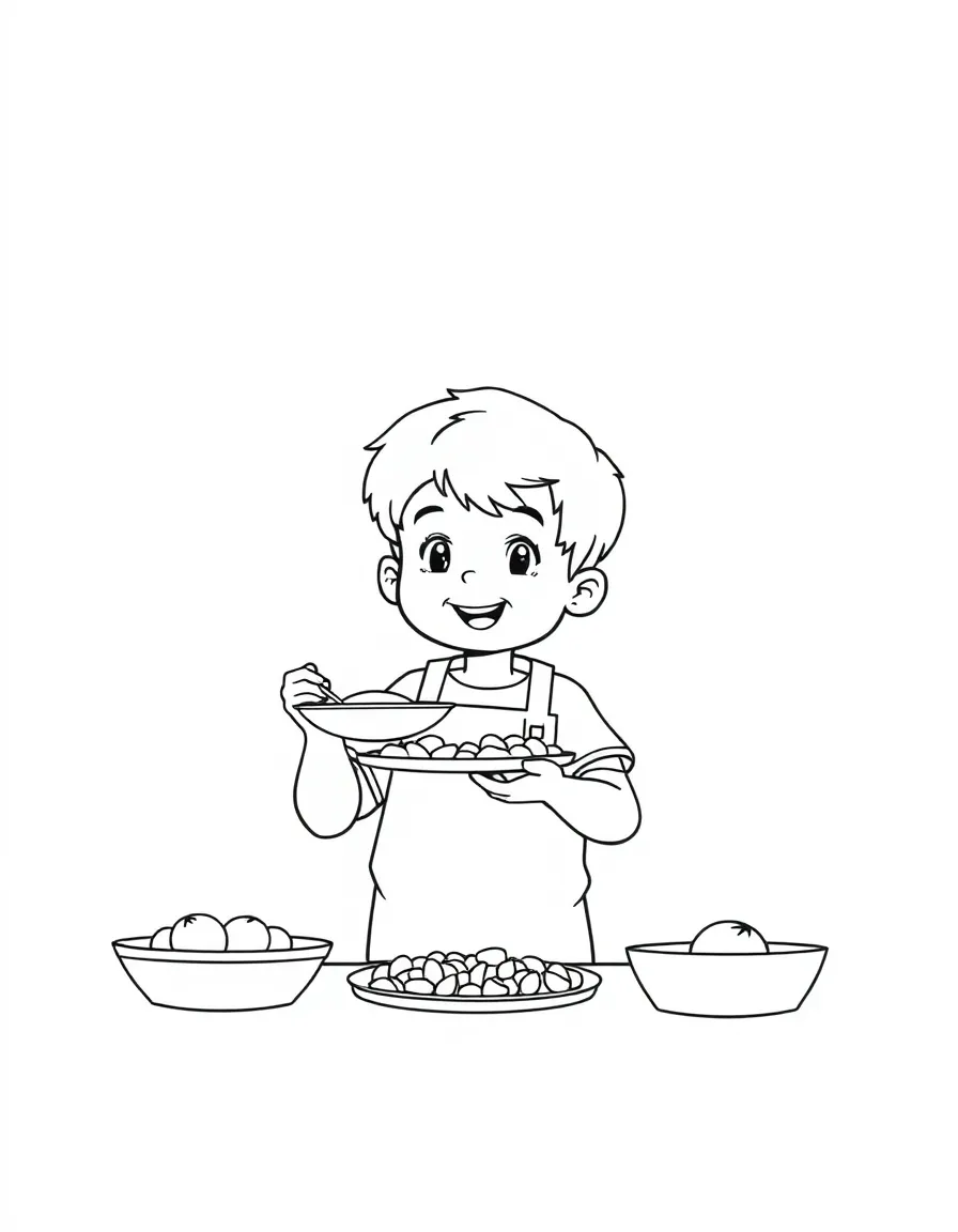 A little boy serving pretend food.
