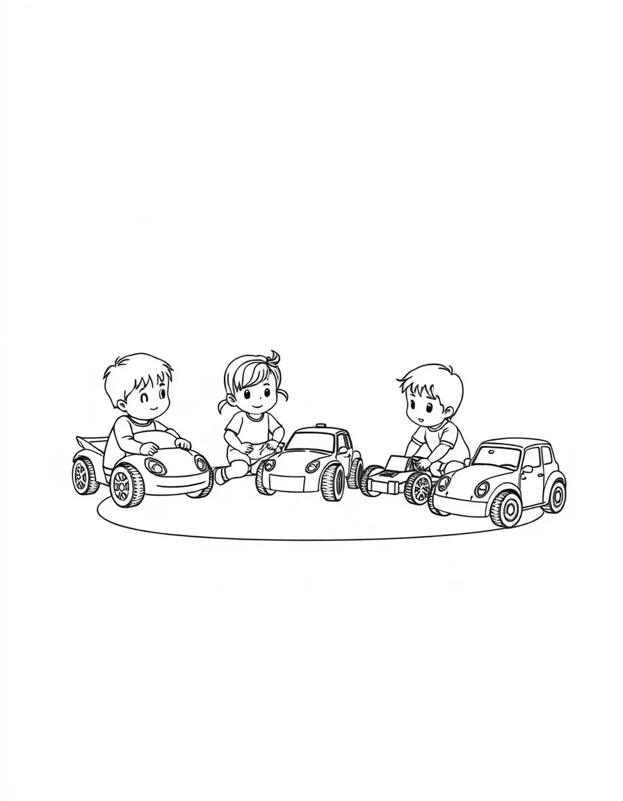 Children playing with toy cars on a rug.