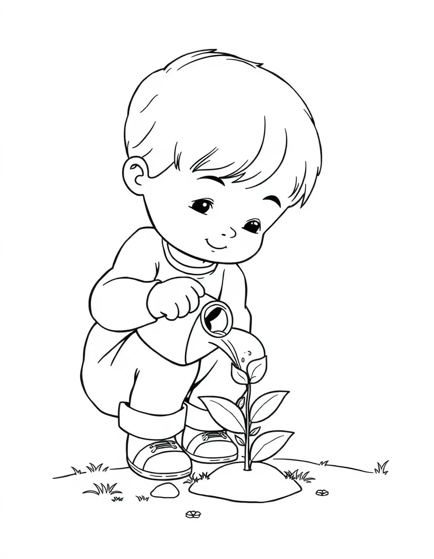 A child watering a small plant.