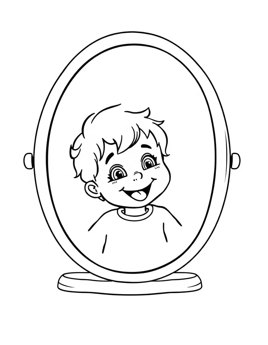 A happy mirror with a child looking into it.