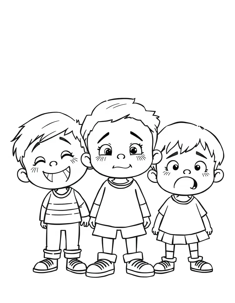 Children expressing different emotions: happy, sad, angry, surprised.