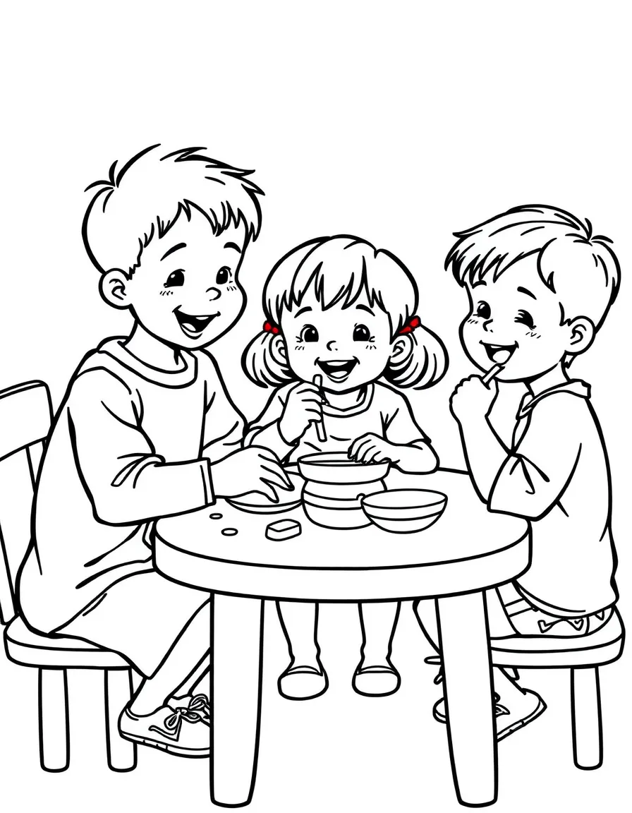 Children sharing a snack at the table.