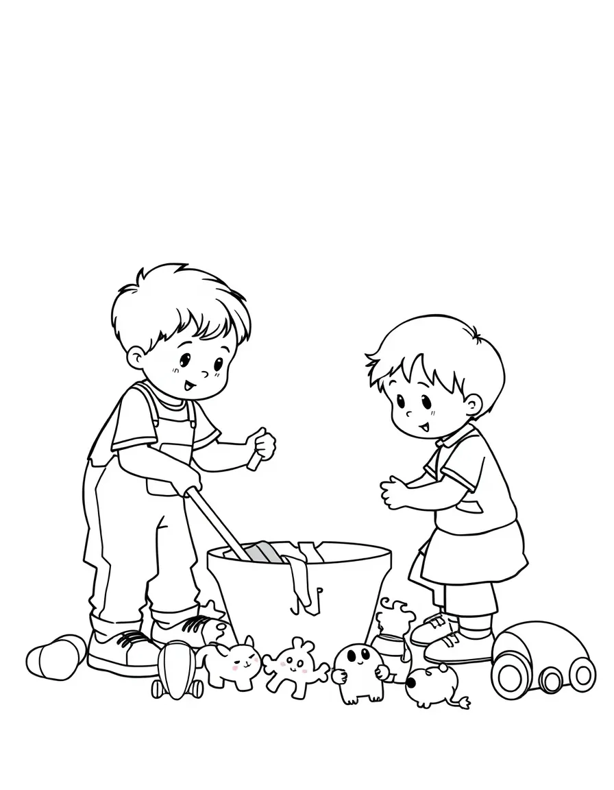 Children cleaning up toys.