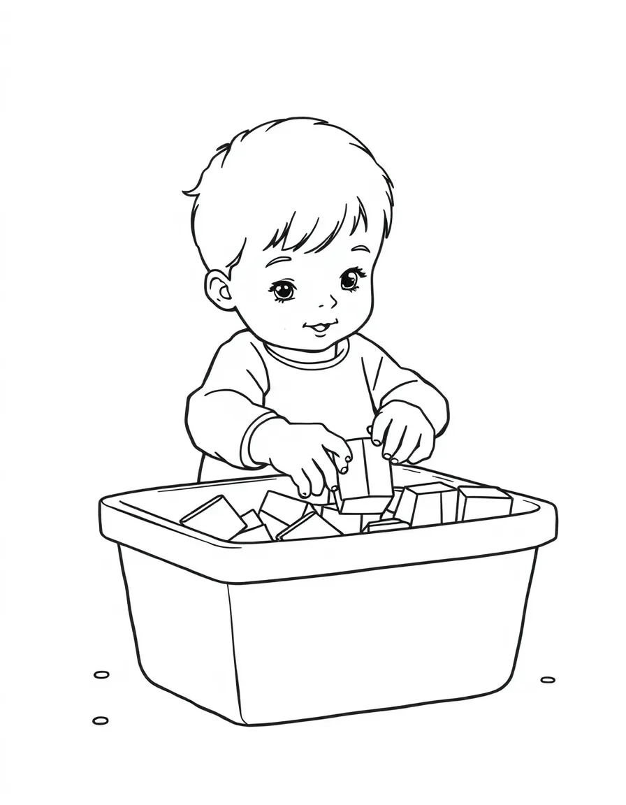 A child putting blocks in a bin.