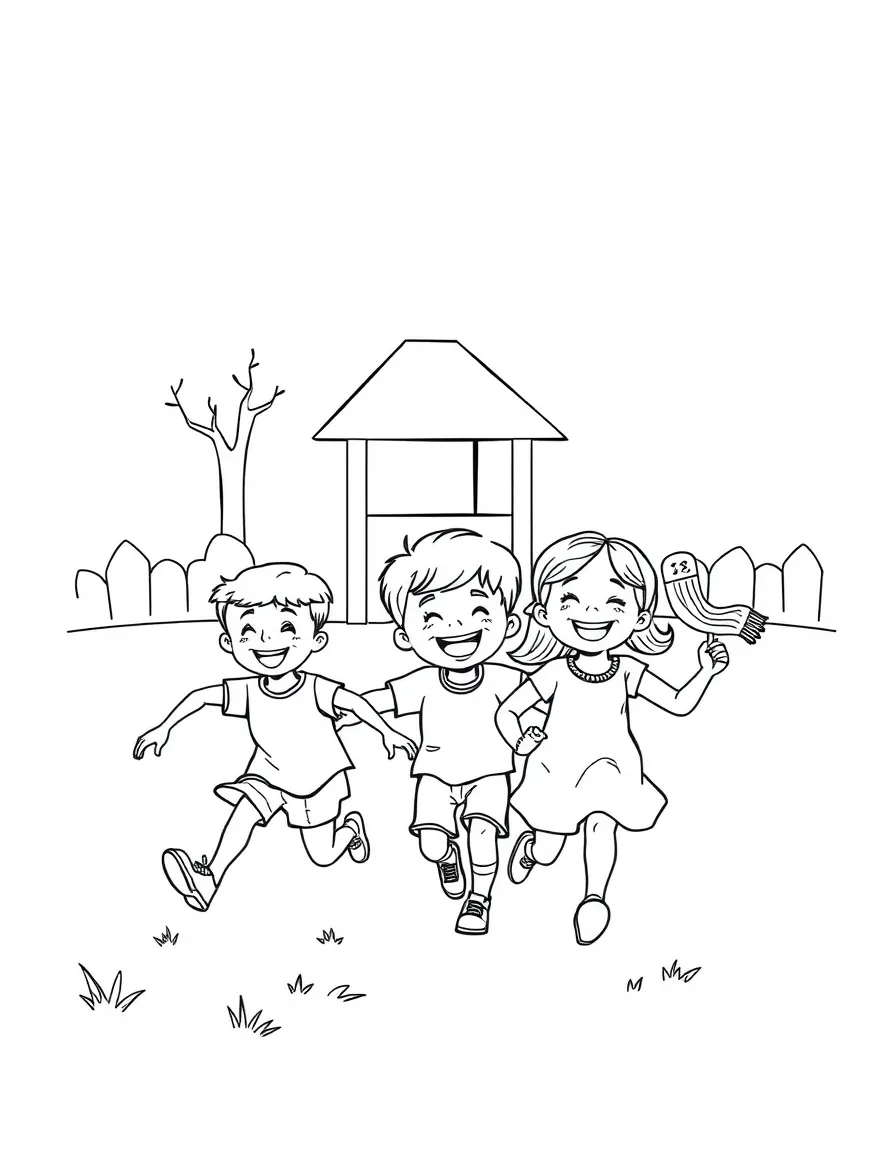A playground with children running and laughing.