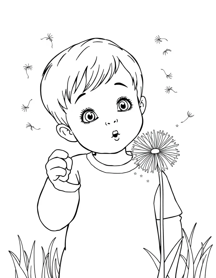 A child blowing dandelion seeds.