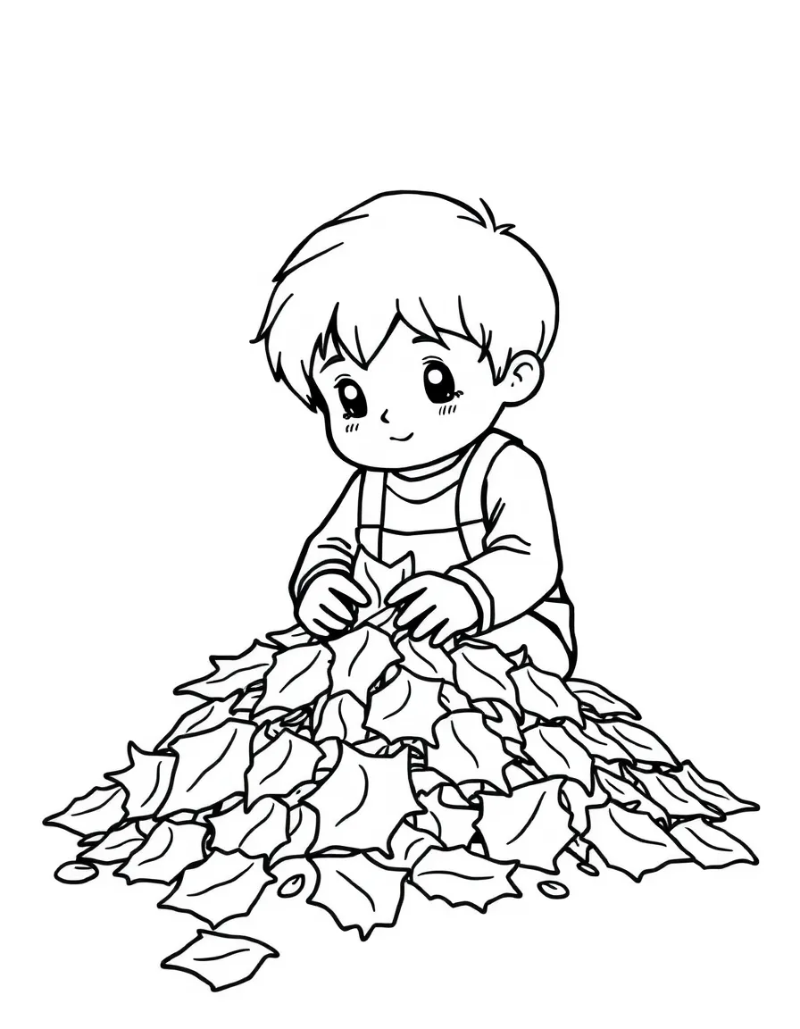 A child making a pile of leaves.