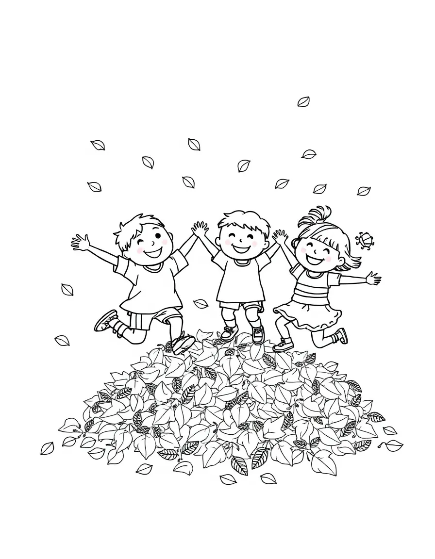 Children jumping in a leaf pile.