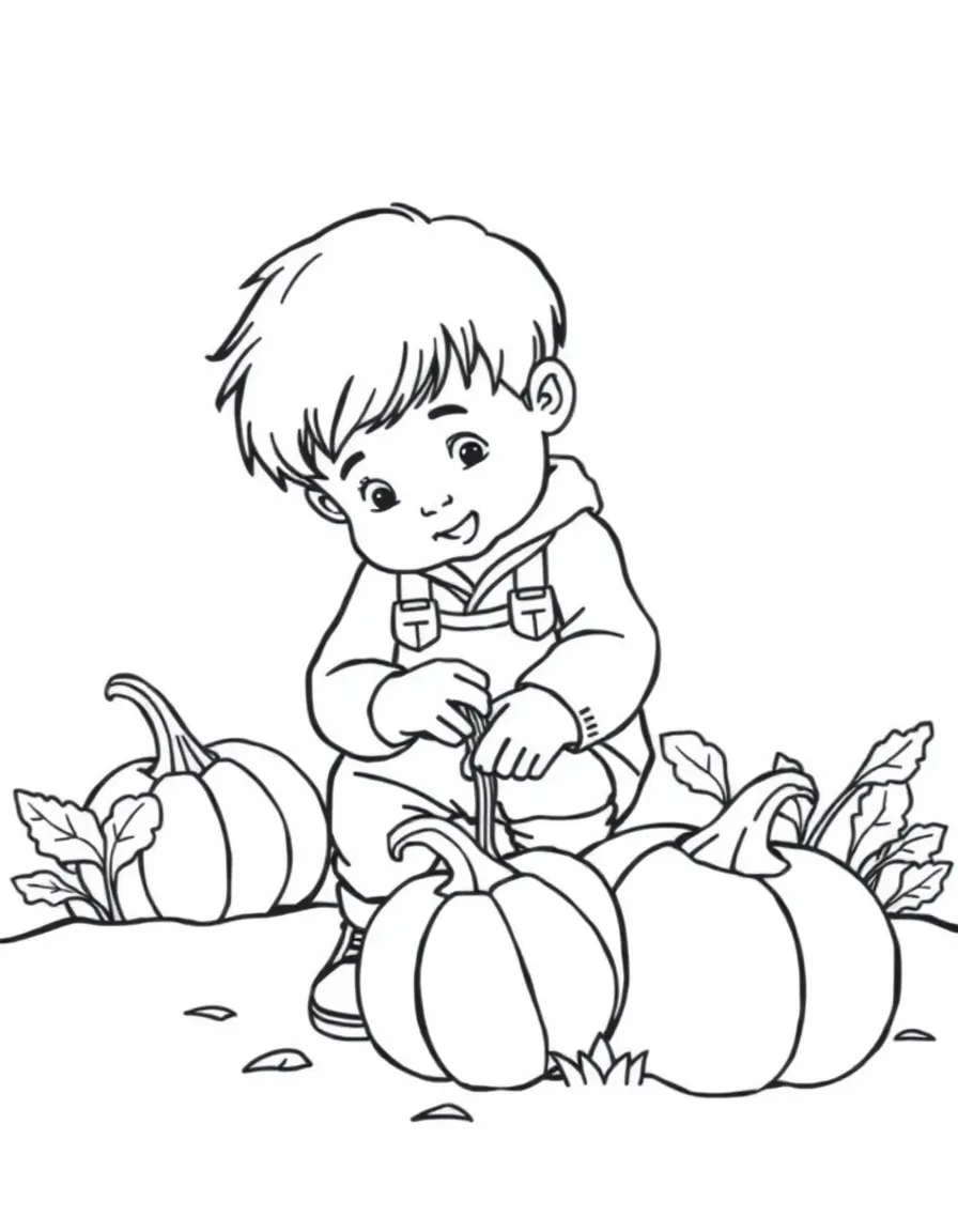A child picking a pumpkin.