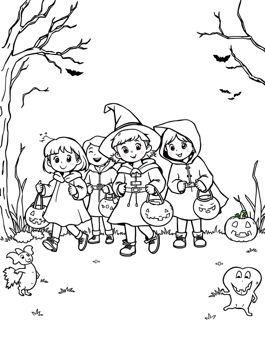 Children trick-or-treating in costumes.