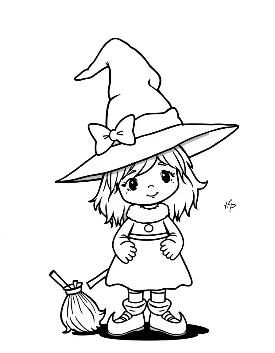 A little witch with a pointy hat and a broom.
