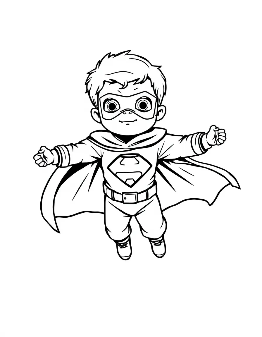 A child dressed as a superhero flying.