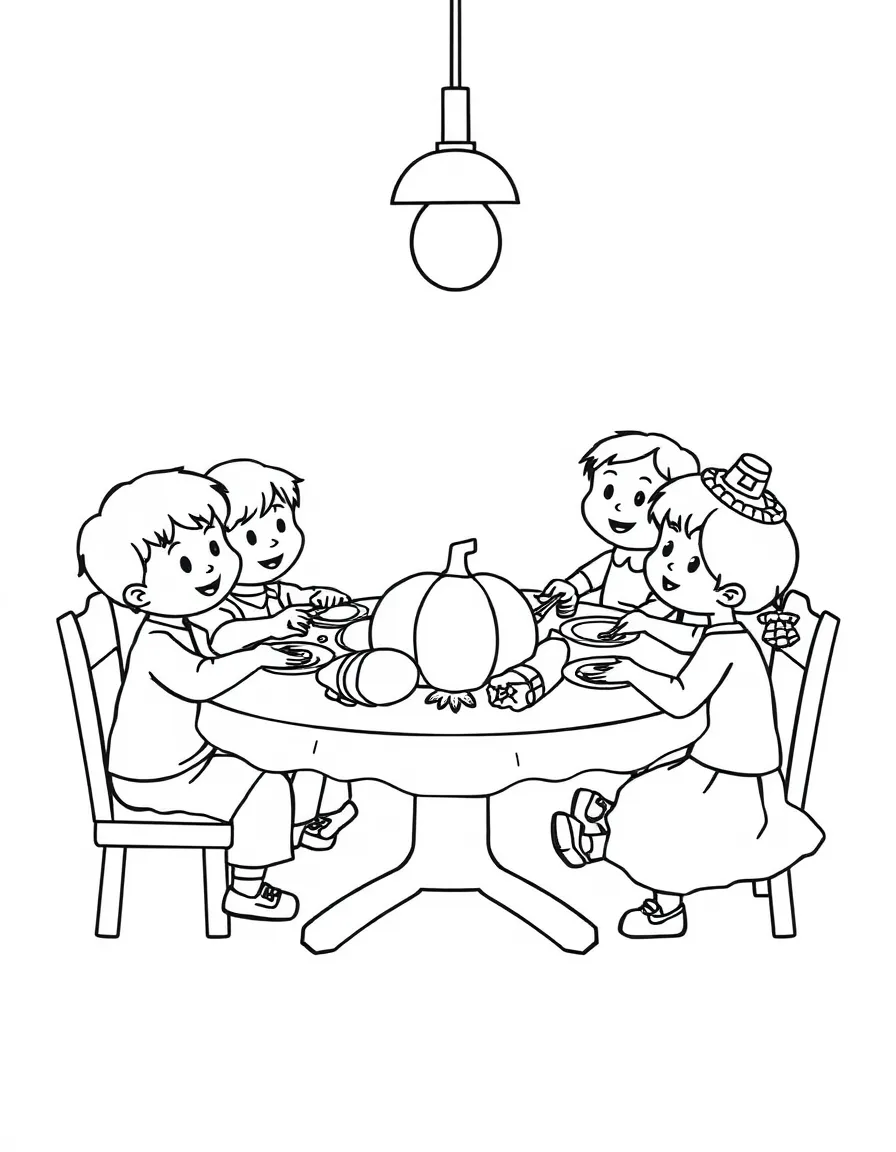 Children sitting around a Thanksgiving table.