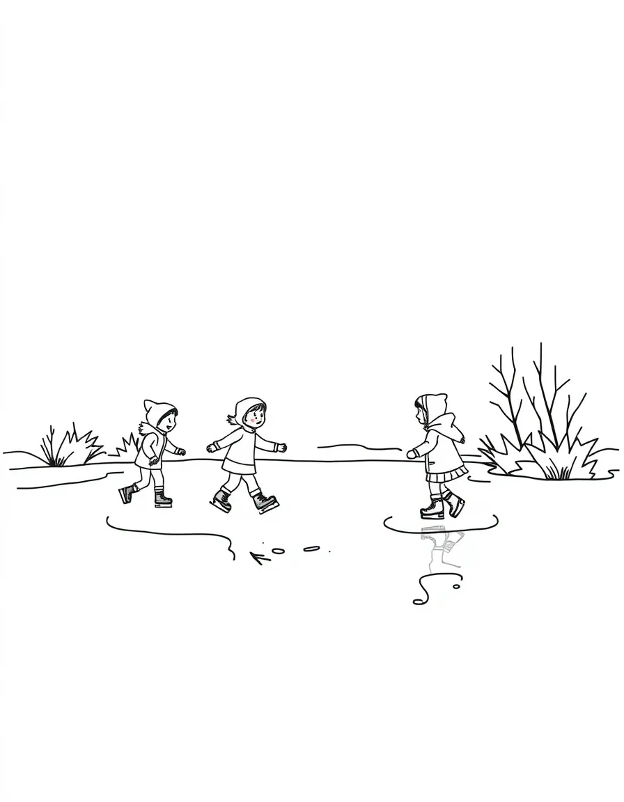 Children ice skating on a pond.