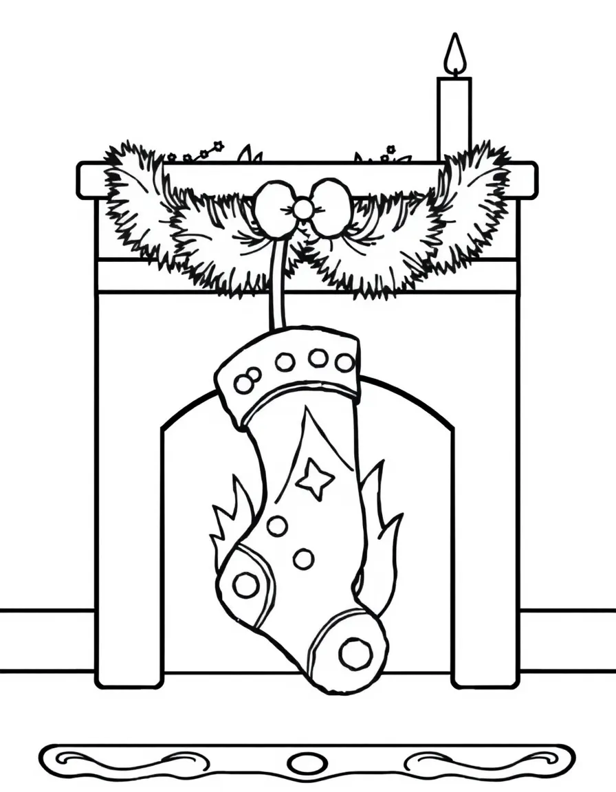 A happy Christmas stocking hung by a fireplace.