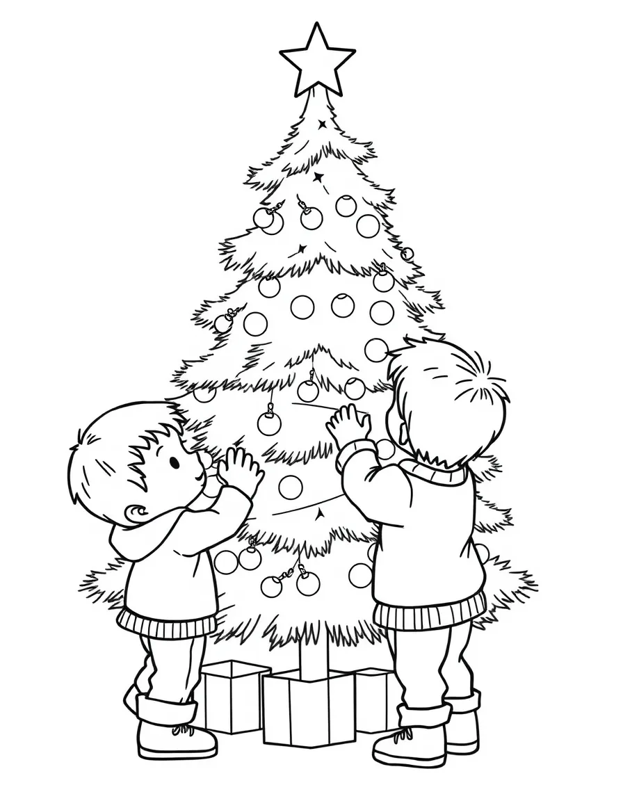Children decorating a Christmas tree.