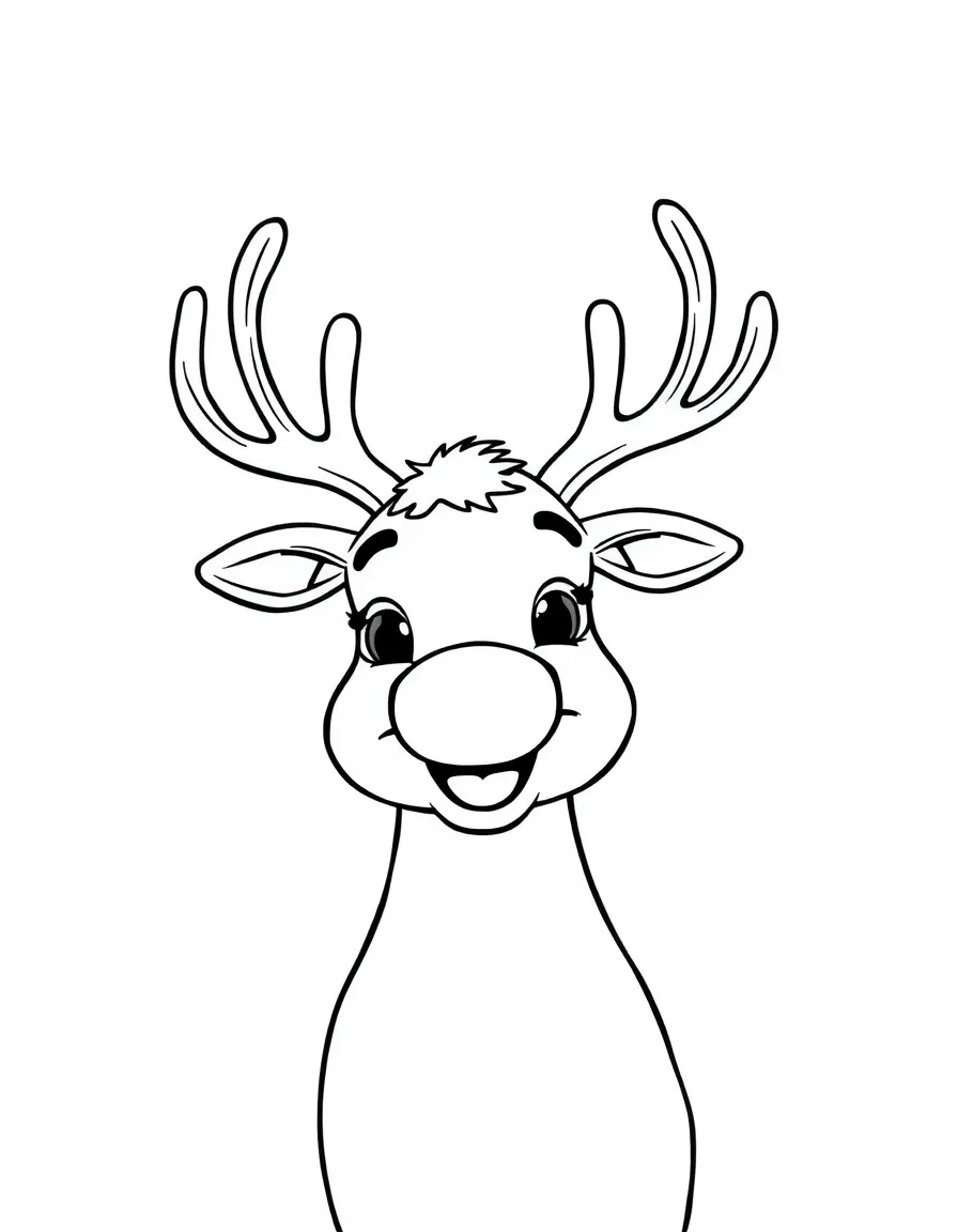 A happy reindeer with a red nose.