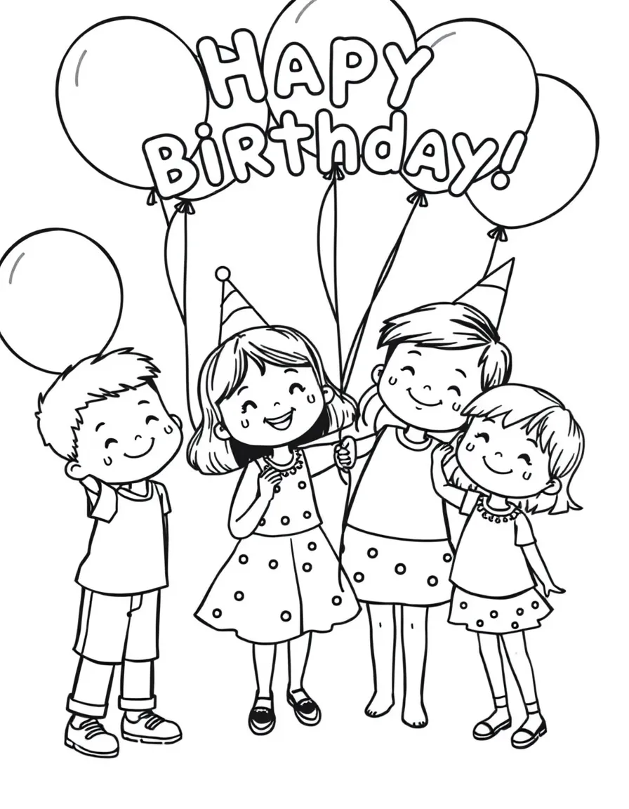 Children celebrating a birthday with balloons.