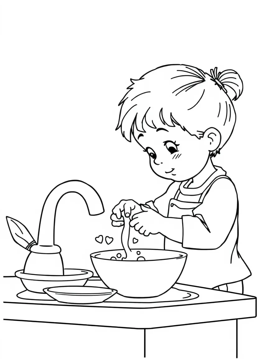 A child washing dishes (pretend play).