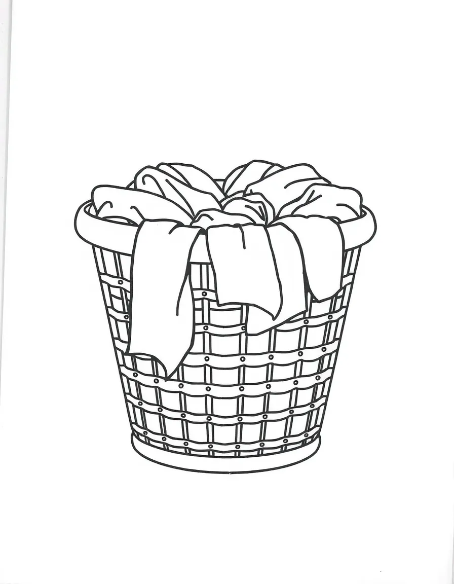 A laundry basket filled with clothes.
