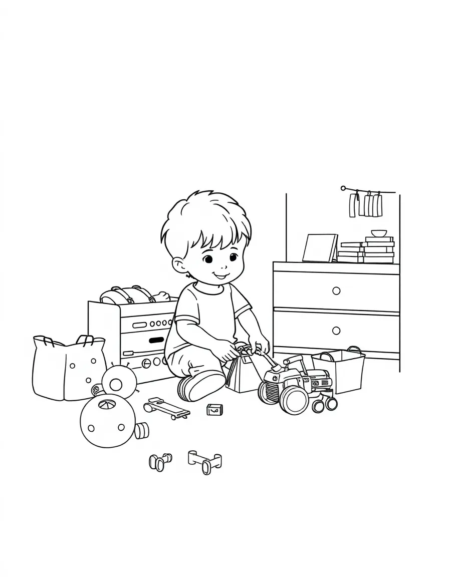 A child putting away their toys.