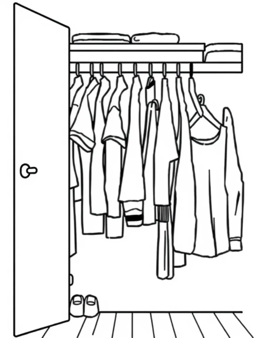 A happy closet with clothes hanging.