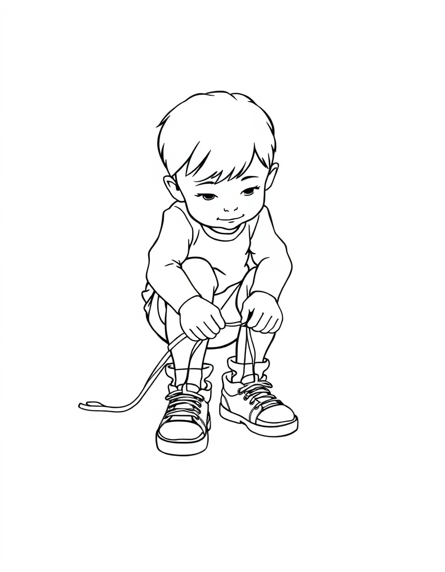 A child tying their shoelaces.