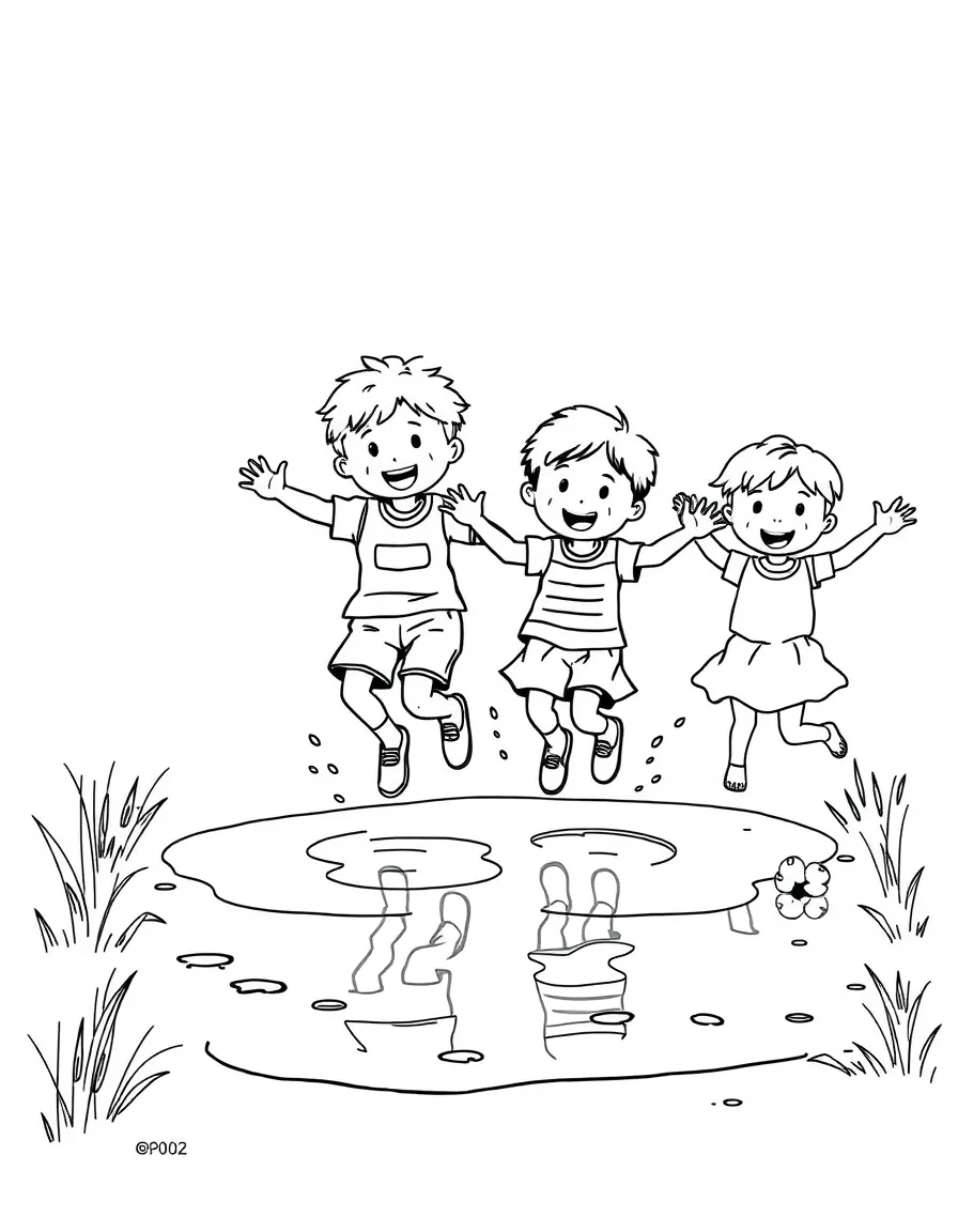 Children jumping in puddles.