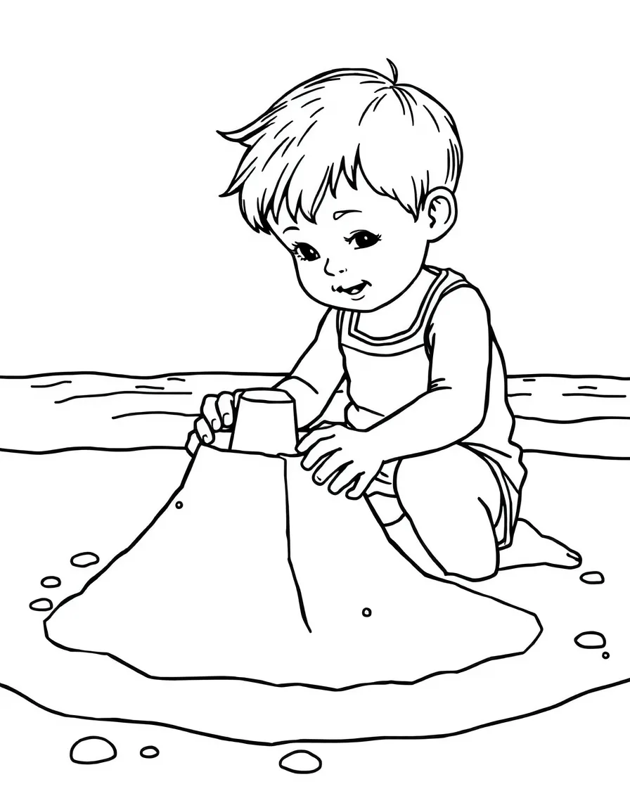 A child building a sandcastle on the beach.