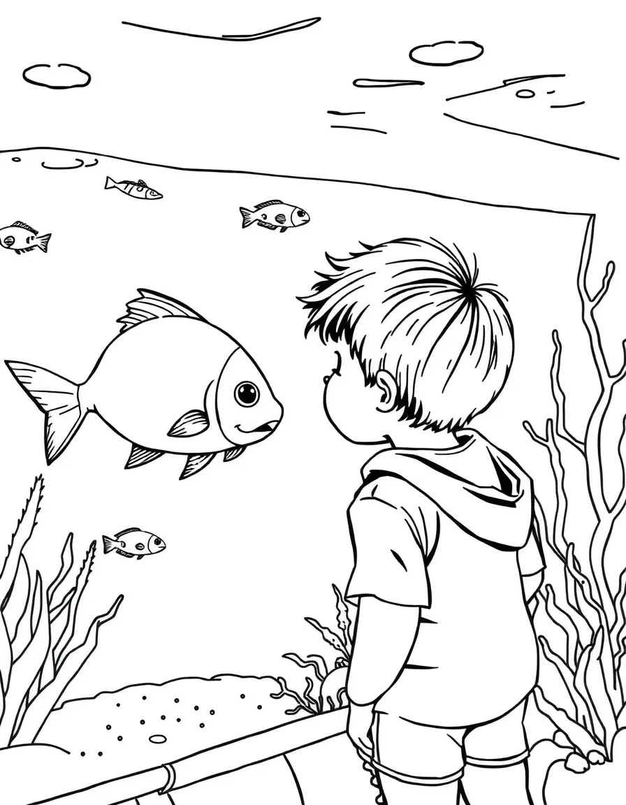 A child looking at fish in an aquarium.
