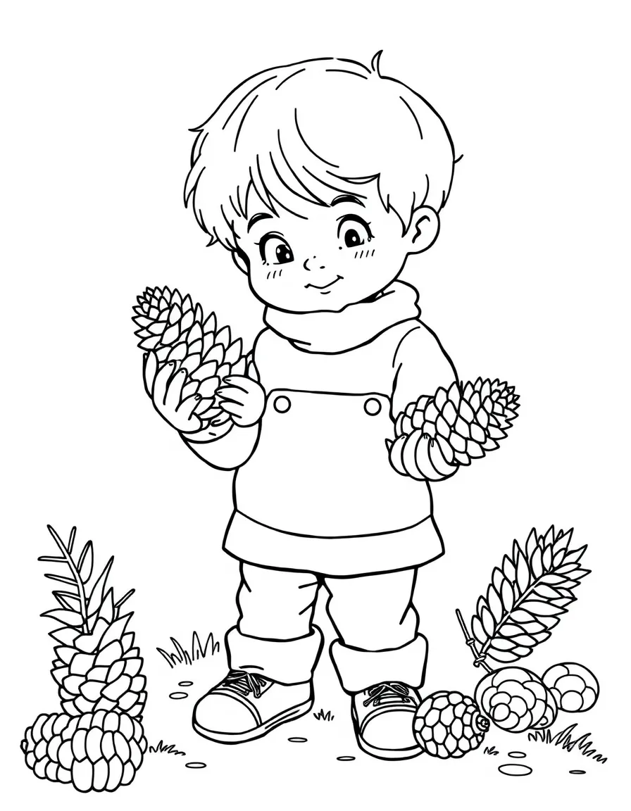 A child collecting pinecones.