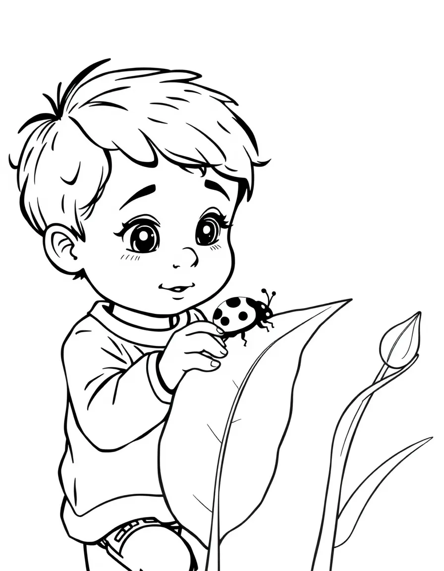 A child observing a ladybug on a leaf.
