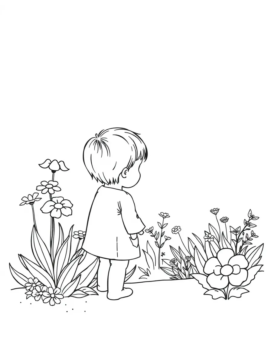 A child looking at a flower garden.
