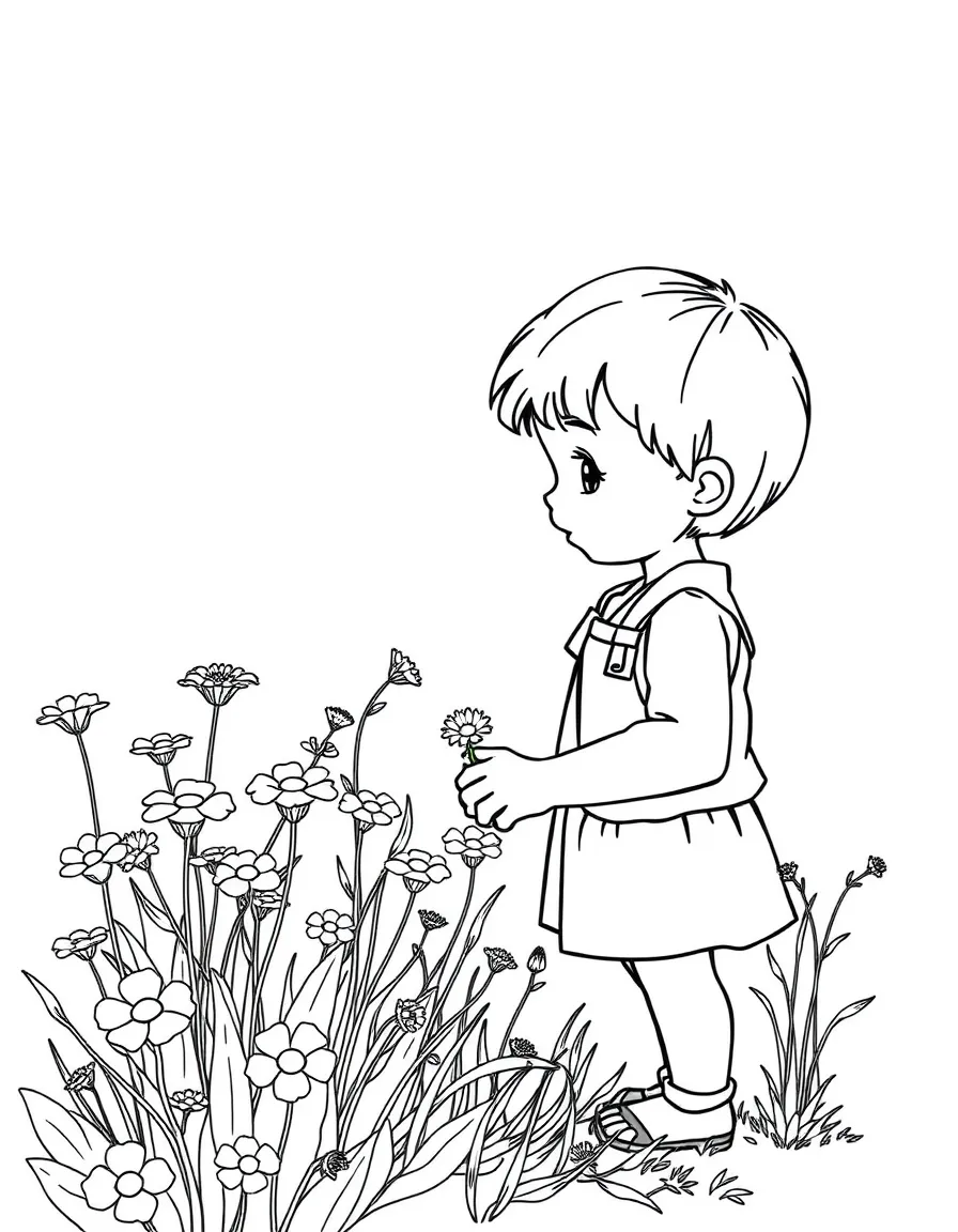 A child picking wildflowers.