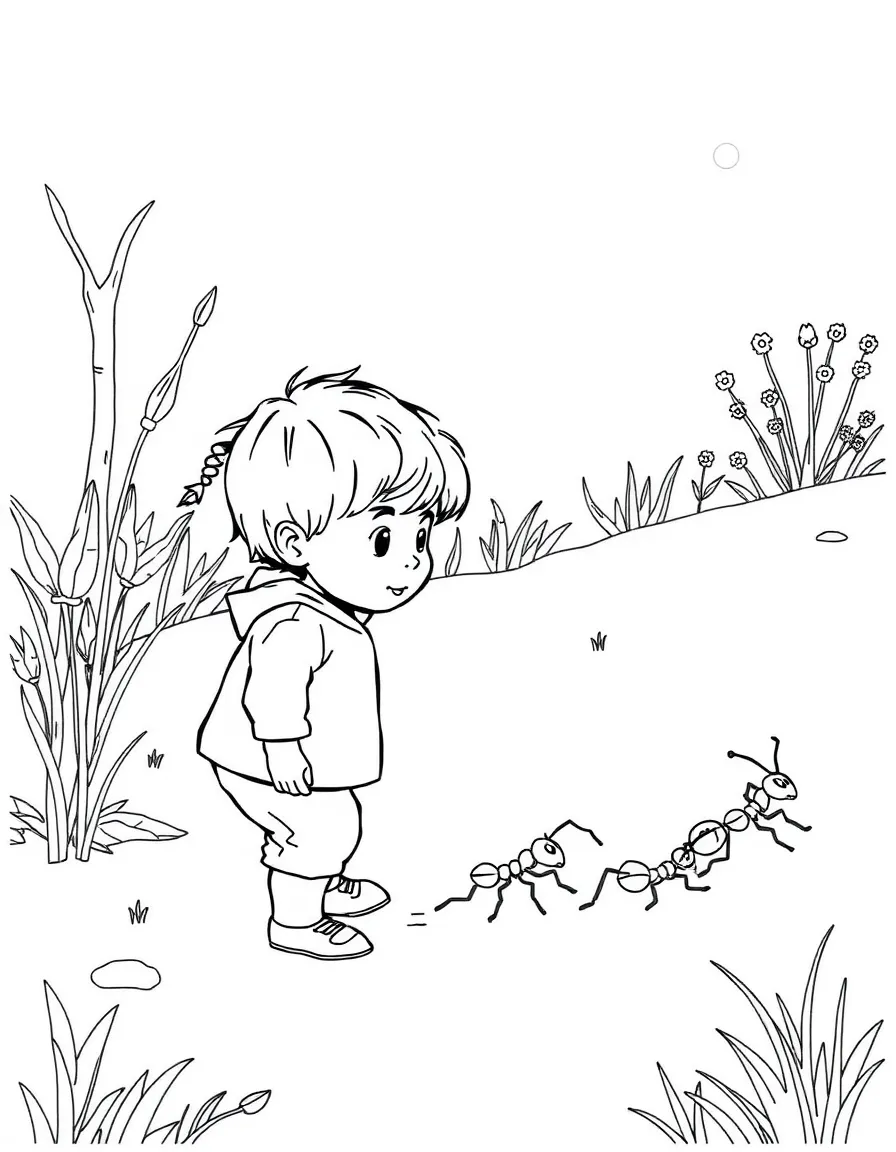 A child observing ants marching.