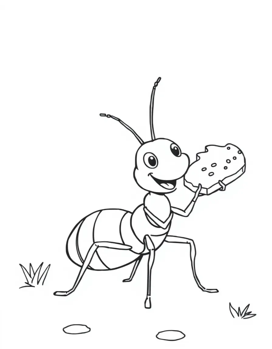 A happy ant carrying a crumb.