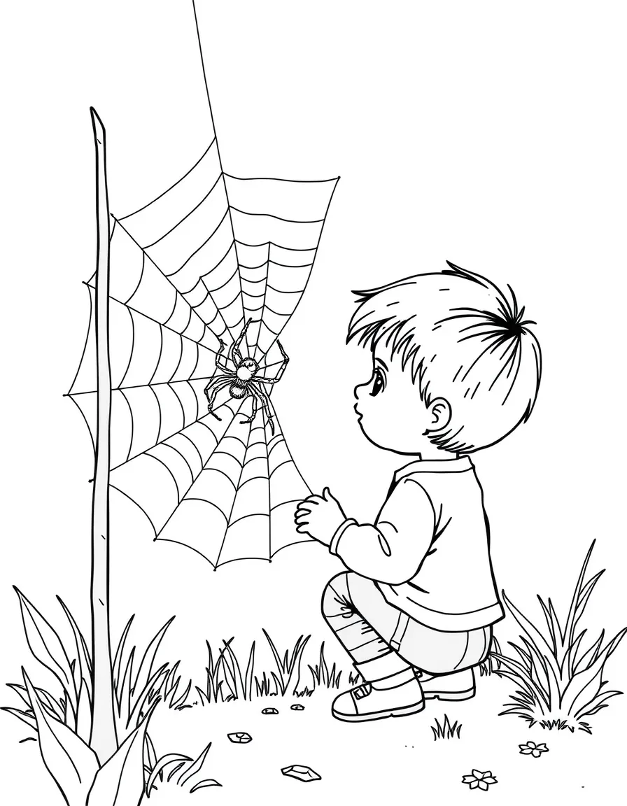 A child watching a spider spin a web.