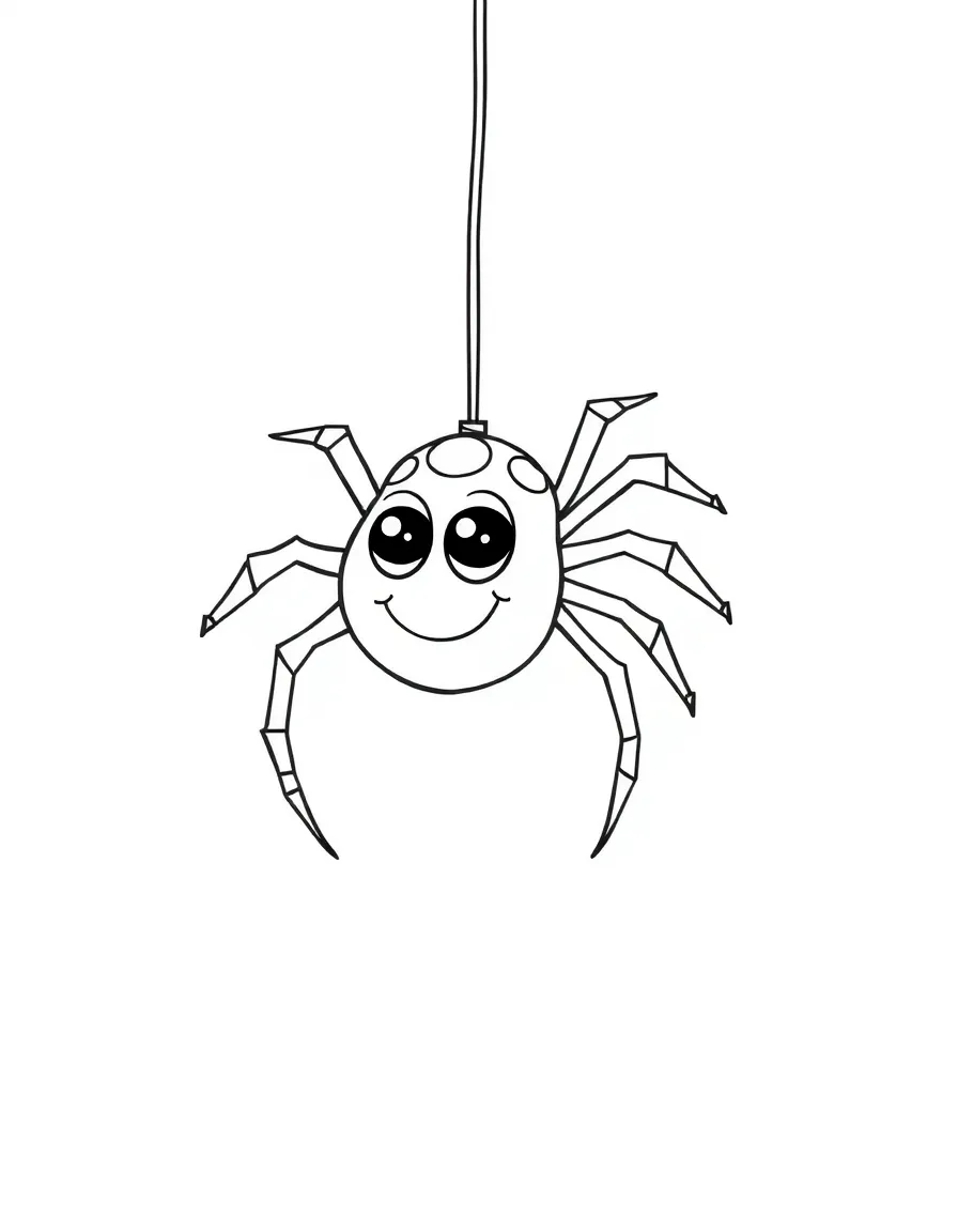 A happy spider hanging from a thread.