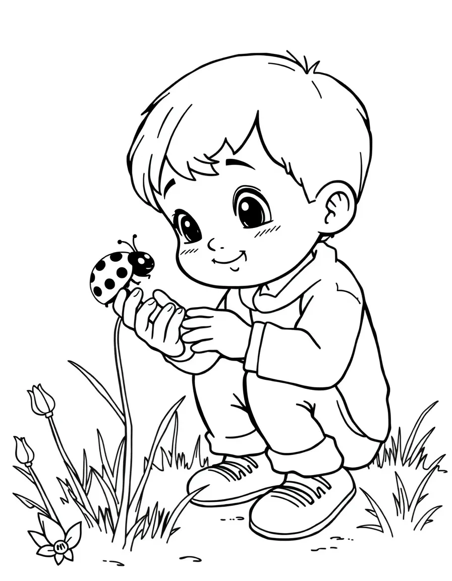 A child finding a ladybug.